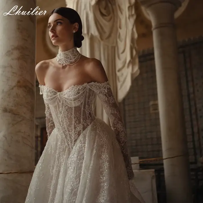 Lhuilier personnalisé une ligne Illusion dentelle robes de mariée hors de l'épaule perlée