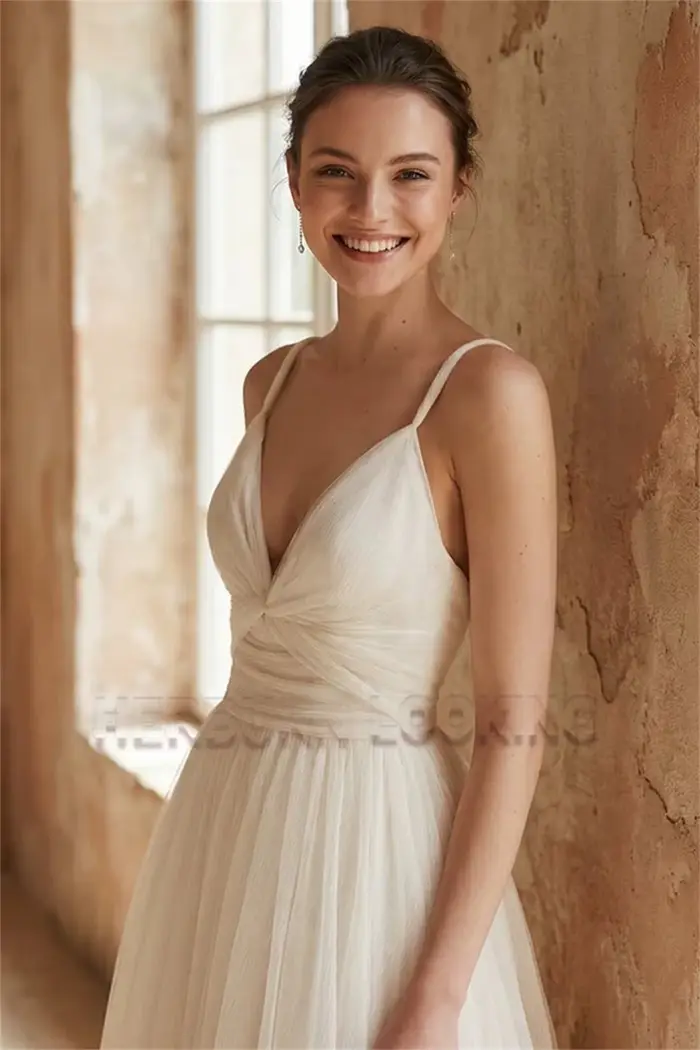 Robe de mariée HERBURN trapèze moderne en polyester avec col en V et bretelles spaghetti pour femmes occasions spéciales