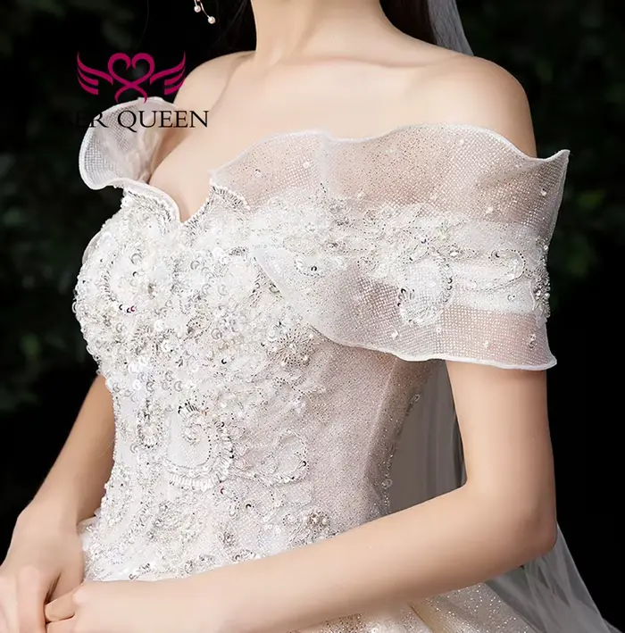 Robe de mariée de campagne exquise épaules dénudées tulle brillant perles princesse bal col V manches courtes soutien-gorge intégré longueur sol occasions spéciales
