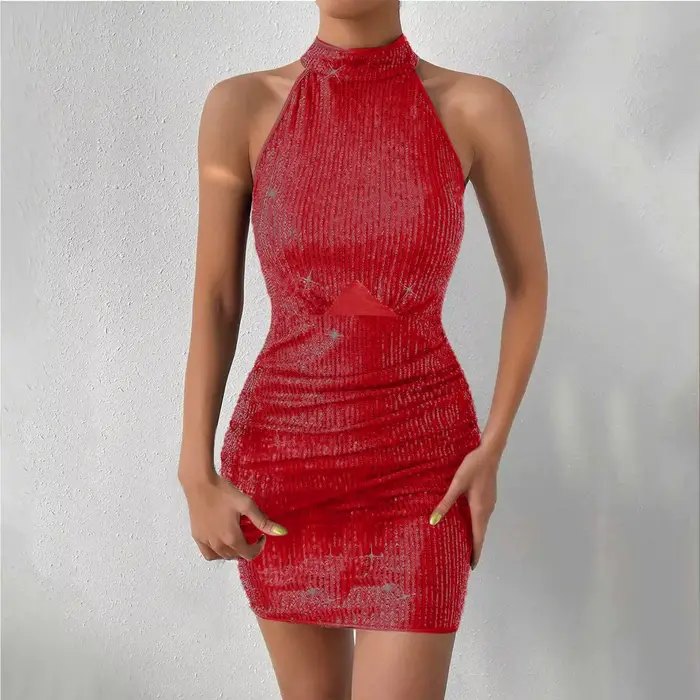 Robe à paillettes argentées pour femmes Y2K Clubwear Sexy épaules dénudées dos nu moulante Mini