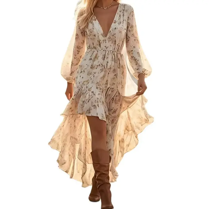 Robe bohème col V imprimée fleurs décontractée pour femmes polyvalente automne casual chic occassions multiples