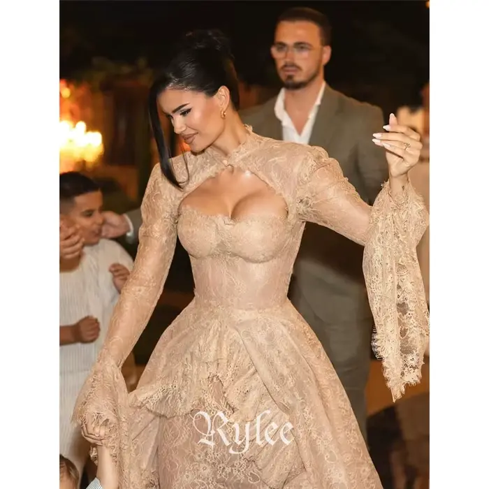 Robes de bal Rylee en dentelle, coupe asymétrique, manches longues évasées, élégantes, personnalisées, formelles, de soirée, coupe trapèze, longueur ras du sol, vestidos de fiesta 2026