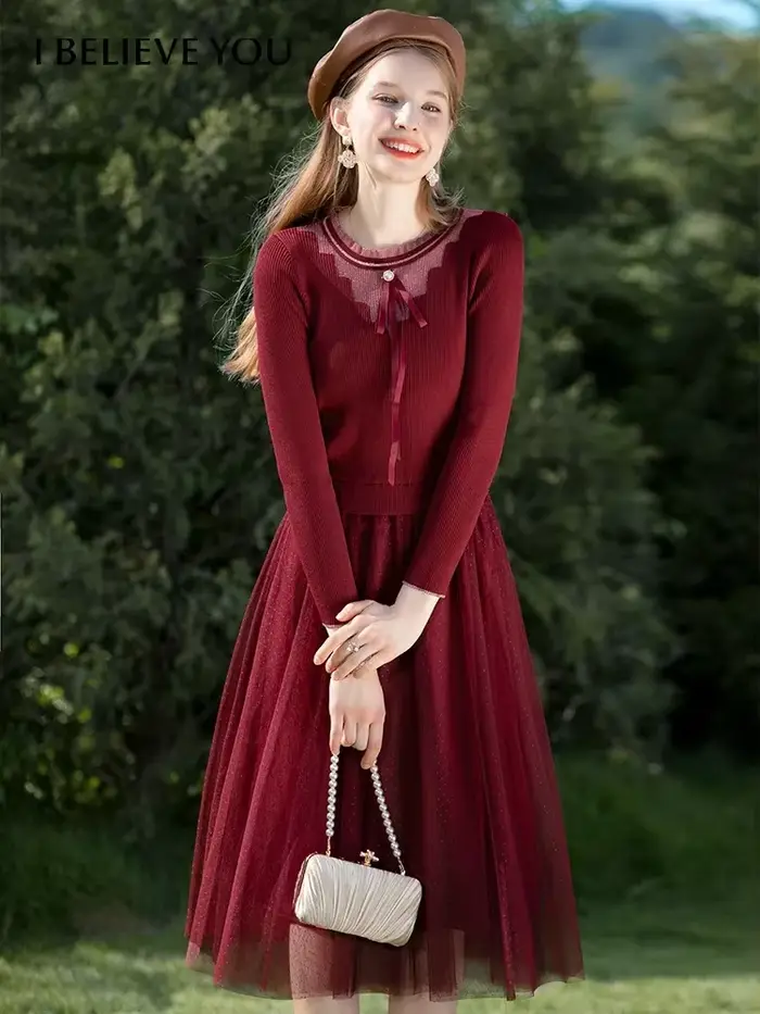 I Believe You-Robe pull à lacets avec nœud rouge pour femme