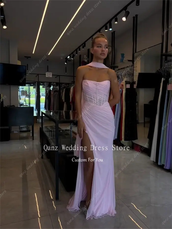 Qanz rose robes De soirée en mousseline De soie jambe haute fente