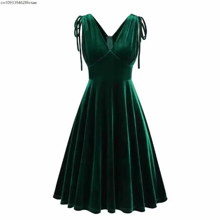 Women Vintage Velvet Dress Pleated Sleeveless Bow Drawstring Waist Dresses Elegant V Neck Solid Even