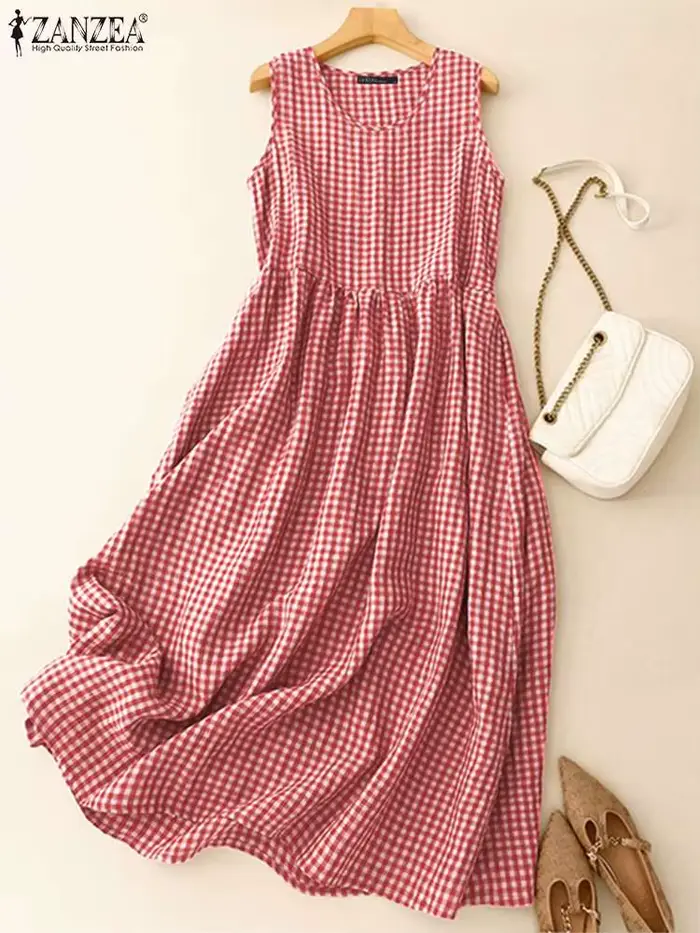 Robe mi-longue à carreaux vintage pour femmes, style bohème, été, polyester et coton, occasions spéciales, famille, vacances, mariage