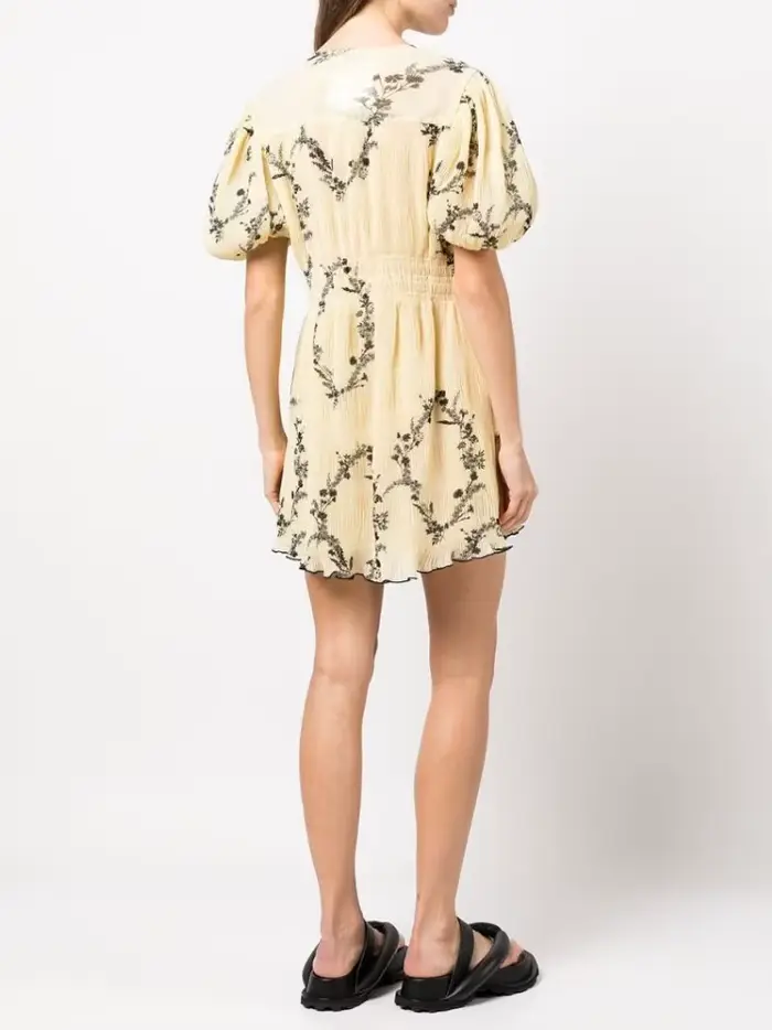 Robe élégante et Chic en mousseline de soie, motif Floral, manches bouffantes, style spectacle, jaun