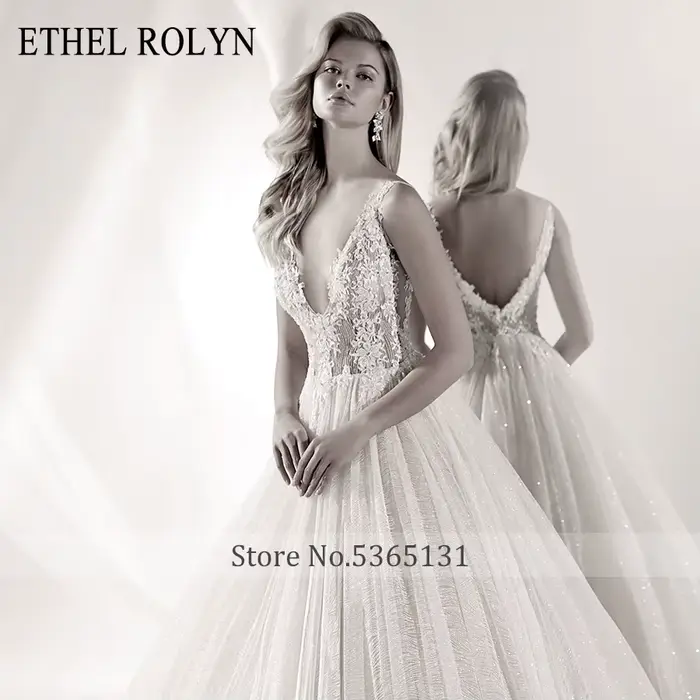 ETHEL ROLYN une ligne dentelle robes De mariée Vestido De Noiva col en v luxe scintillant perlé sans manches dos nu
