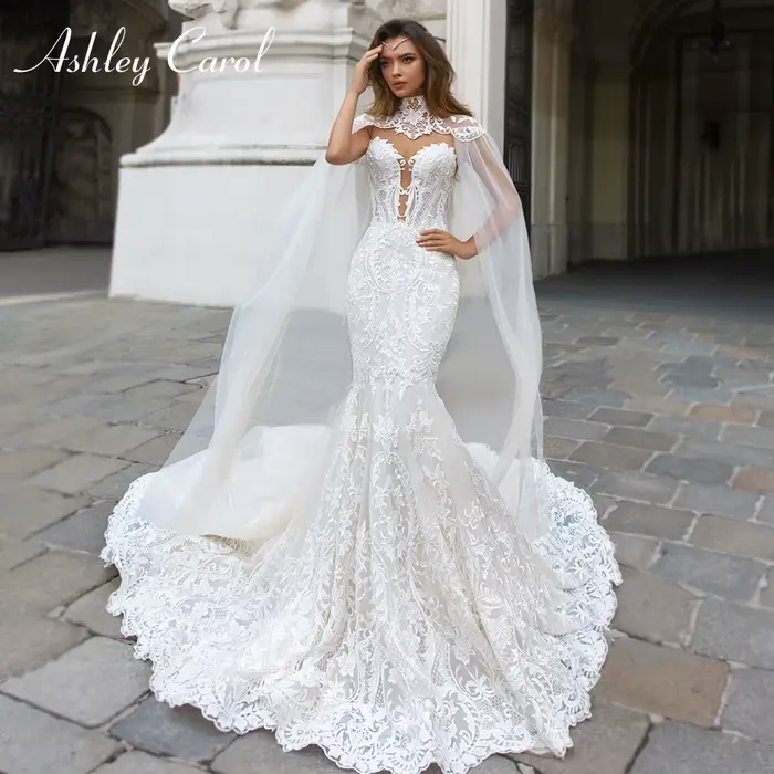 Ashley Carol sirène robes De mariée pour les femmes chérie avec châle Mit Cape perles 2 en 1 robe