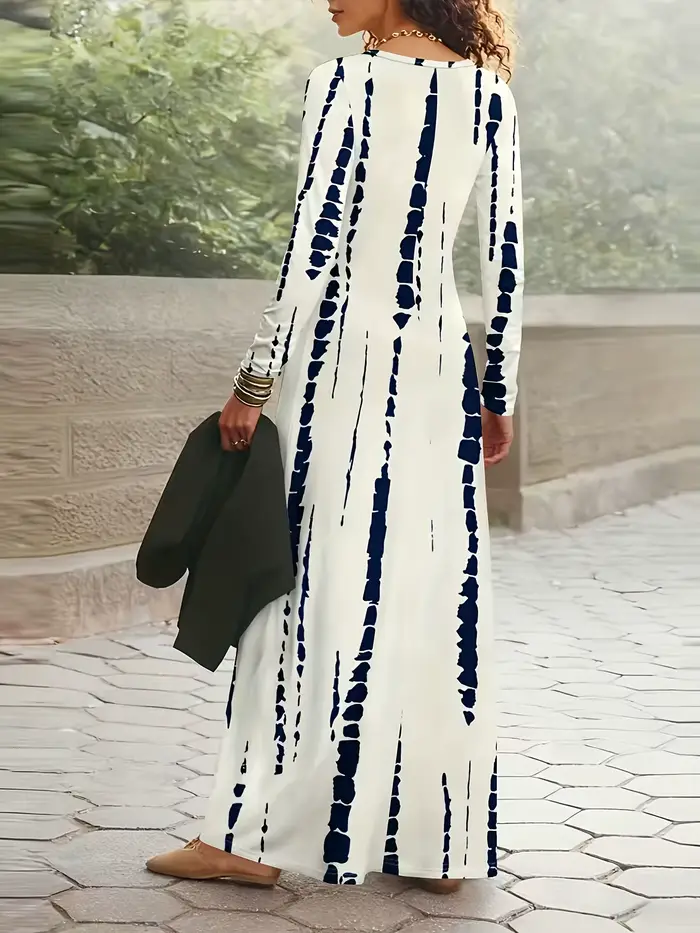 Robe décontractée à manches longues rayée tie-dye bleu et blanc pour femme