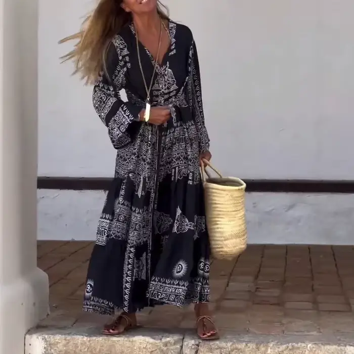Robe bohème imprimée ethnique pour femmes, vintage, manches longues, col en V, ample, vacances, festival, ligne a, robe fluide, robe chemise élégante