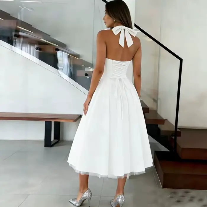 Élégante Robe Midi Blanche Française pour Invitée de Mariage Femme, Col Halter, Corset, Robe de Cocktail pour Douche Nuptiale, Robe en Tulle à Nœud au Dos, Coupe Évasée
