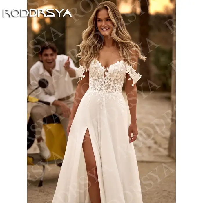 RODDRSYA bohème une ligne robe de mariée dentelle mousseline de soie femme romantique Appliques épaules nues haute