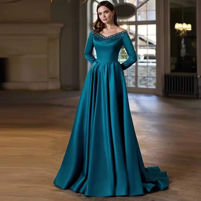 Robe de mère de la mariée en satin personnalisée, coupe trapèze, col en V, perles, soutien-gorge intégré, pour occasions spéciales et événements formels