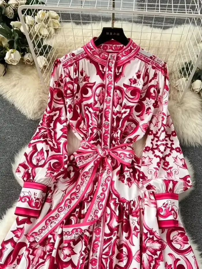 Robe longue vintage à manches longues pour femmes
