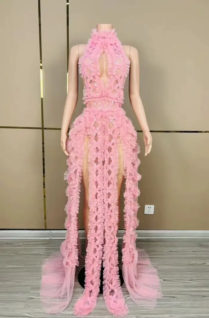 Robe longue rose sexy dos nu à sequins pour femme – Idéale pour soirées, bars, concours, photographi
