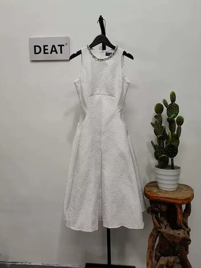 DEAT Robe Midi Femme Col Rond Sans Manches Taille Empire Style Vintage Robe de Bal Nouvelle Collecti