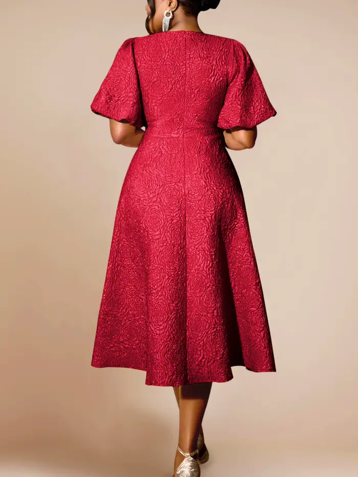 Élégant Jacquard une ligne robes 3D fleur manches courtes bouffantes femmes décontracté bureau travail soirée Cocktail