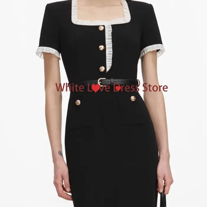 Robe de soirée noire pour occasions formelles, col carré, manches courtes, avec robes de bal ajustables, robe mi-longue personnalisée