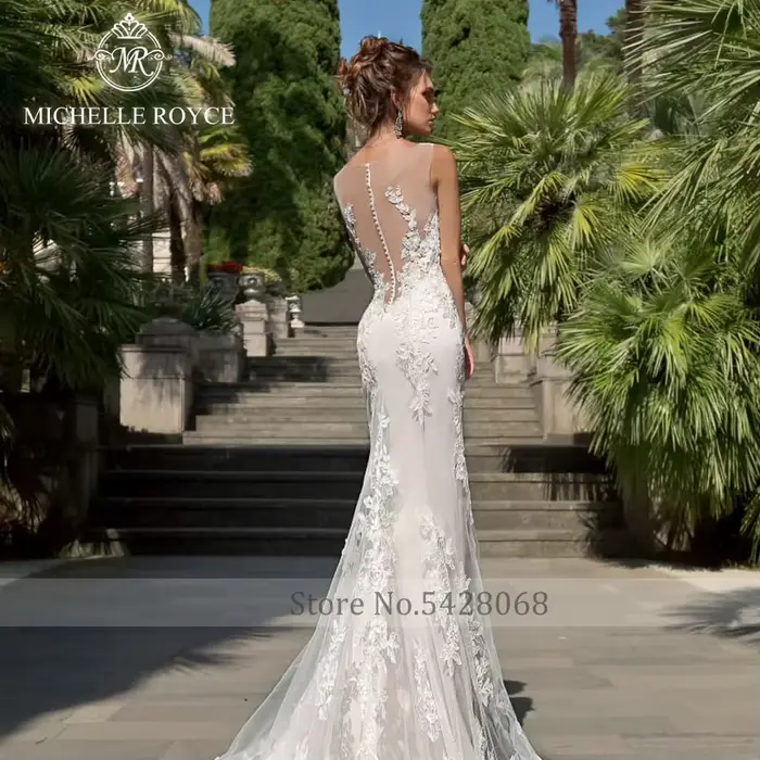 Michelle Royce sirène robes De mariée Sexy chérie Illusion Appliques bouton chapelle Train