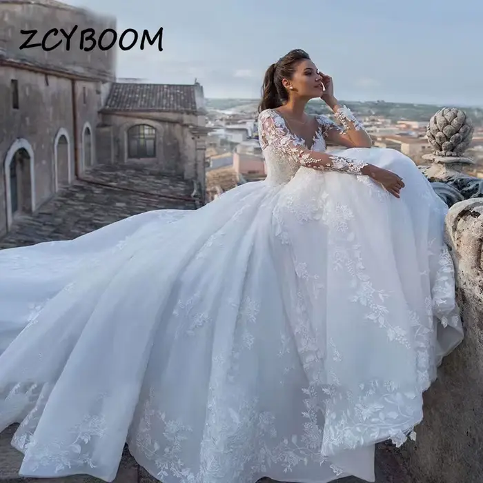 Robes de mariée élégantes blanches/ivoire 2026, manches longues illusion, appliques en dentelle, rob