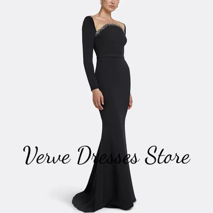 Robes de soirée modestes pour femmes, style sirène/trompette, en jersey noir, robe de bal sans bretelles avec ceinture en strass, robe de gala longue 2026