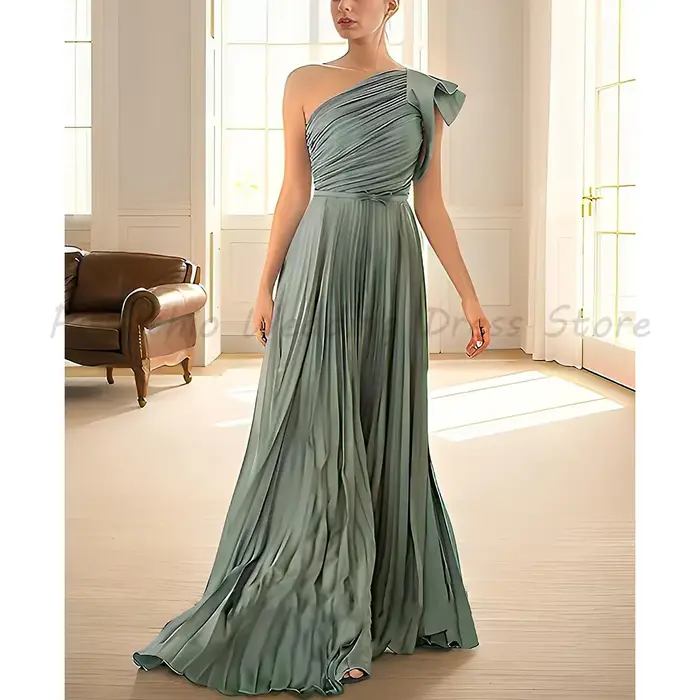 Robe de soirée élégante vert sauge coupe trapèze asymétrique à une épaule avec nœud, plissée en mous