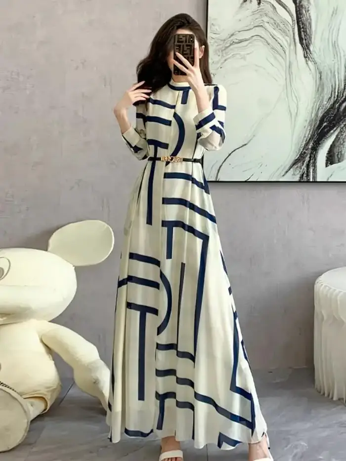 Robe géométrique en mousseline de soie pour femmes, décontractée, silhouette trapèze, imprimé moderne, tour de taille empire, printemps été