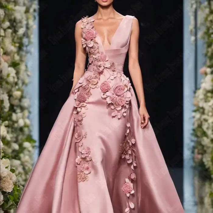 Robe de Soirée Élégante en Satin à Fleurs 3D