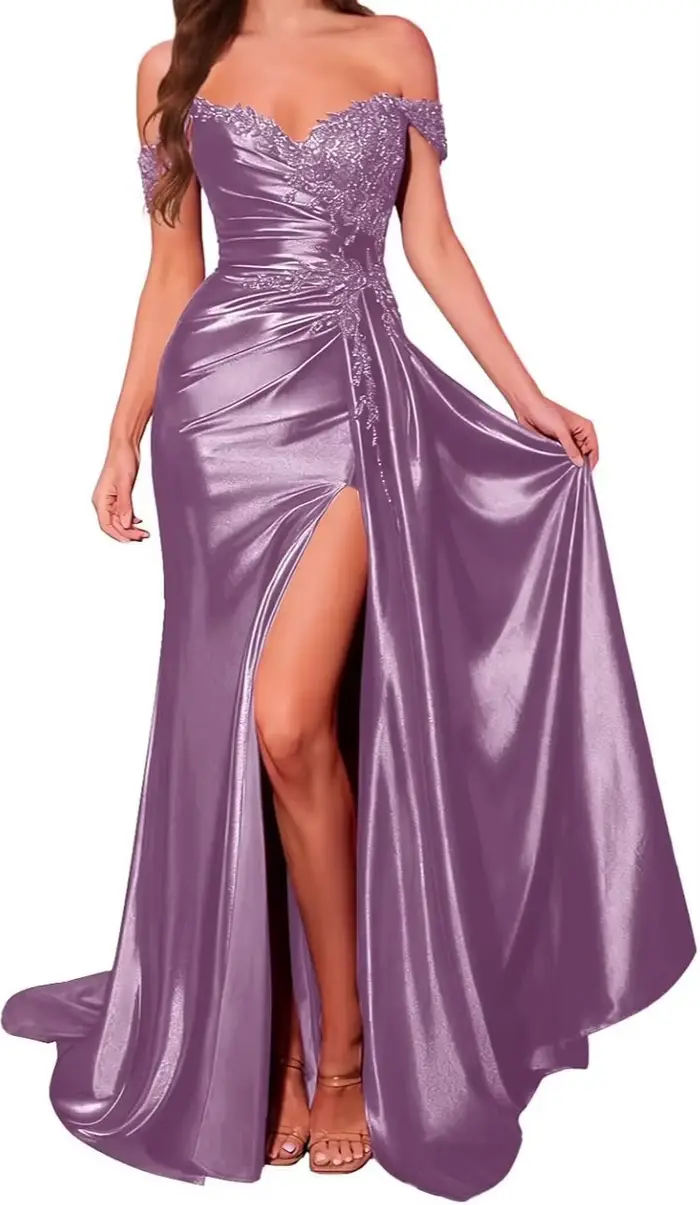 Robes de bal pour femmes, robe formelle en satin scintillant avec fente, épaules dénudées, dentelle,