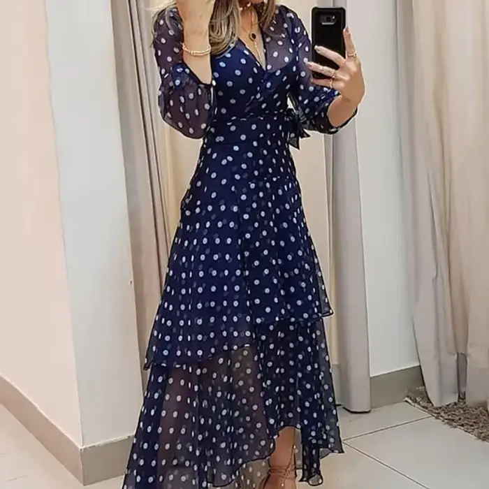 Robe élégante à pois imprimés bleu foncé pour femmes, soirée, événements professionnels, cadeau surprise, coupe empire, silhouette fluide