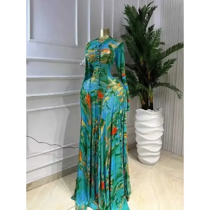 Robes longues maxi pour femmes rondes, col rond, robe printemps-été, taille cintrée, imprimé floral, robes de soirée élégantes vertes plissées