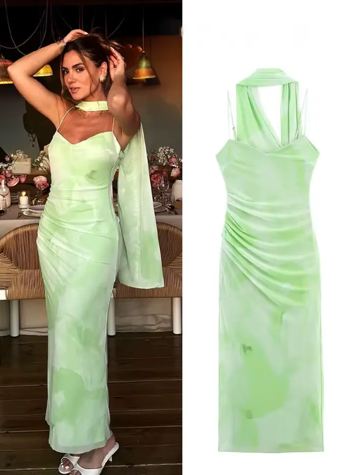HH femmes vacances d'été vert clair romantique écharpe décorée Tulle robe mi-longue femme dos nu mince Sexy fronde