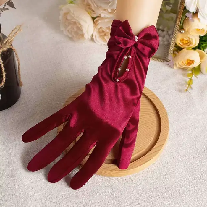 Robe de mariée élégante en Satin, gants courts rouges, rétro, nœud en perles, photographie pour femmes, étiquette de bal, accessoires de Performance