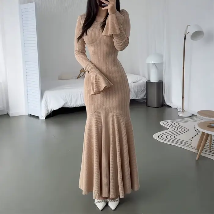Robe longue pull coupe cintrée polyester kaki pour femmes occasions spéciales automne hiver