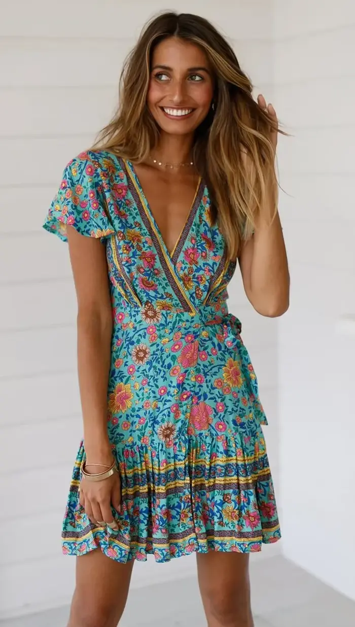 Mini robe portefeuille à fleurs style Boho pour femmes