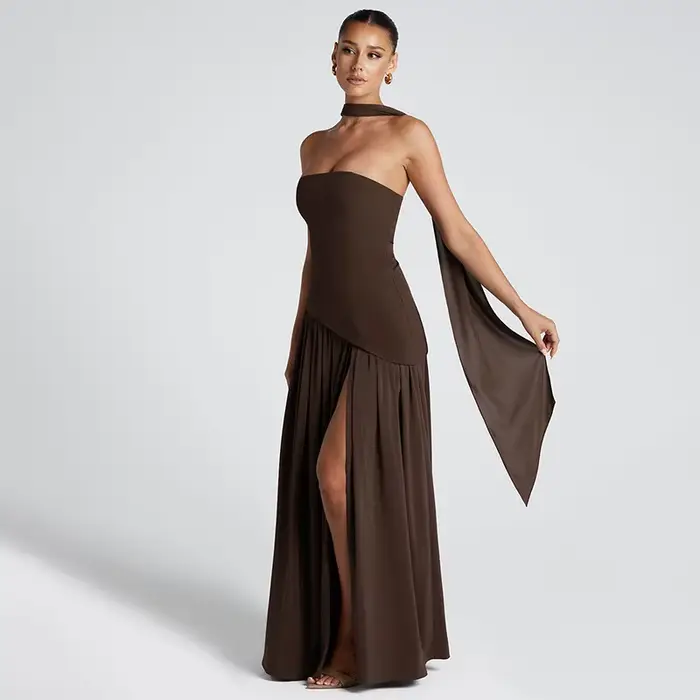Nouvelles robes 2025 femme mode été gaine couleur unie robe fendue Sexy dos nu haute fente jupe vêtements pour femmes