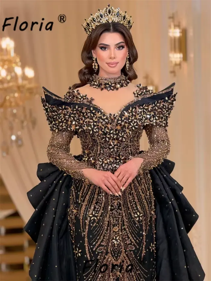 Robe de Soirée Noire et Dorée avec Jupon et Couronne en Strass Sirène pour Mariage et Soirées Spéciales