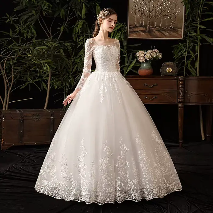 Robe De mariée blanche en dentelle brodée à manches longues