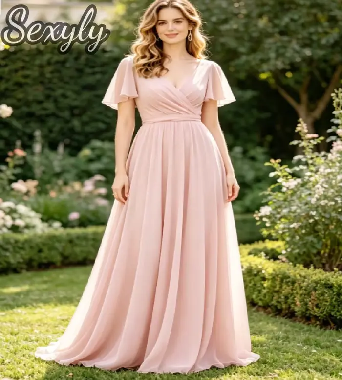 Robe de Demoiselle d'Honneur en Chiffon Vert Sauge, Col en V, Manches Courtes Volantes, Taille Nouée
