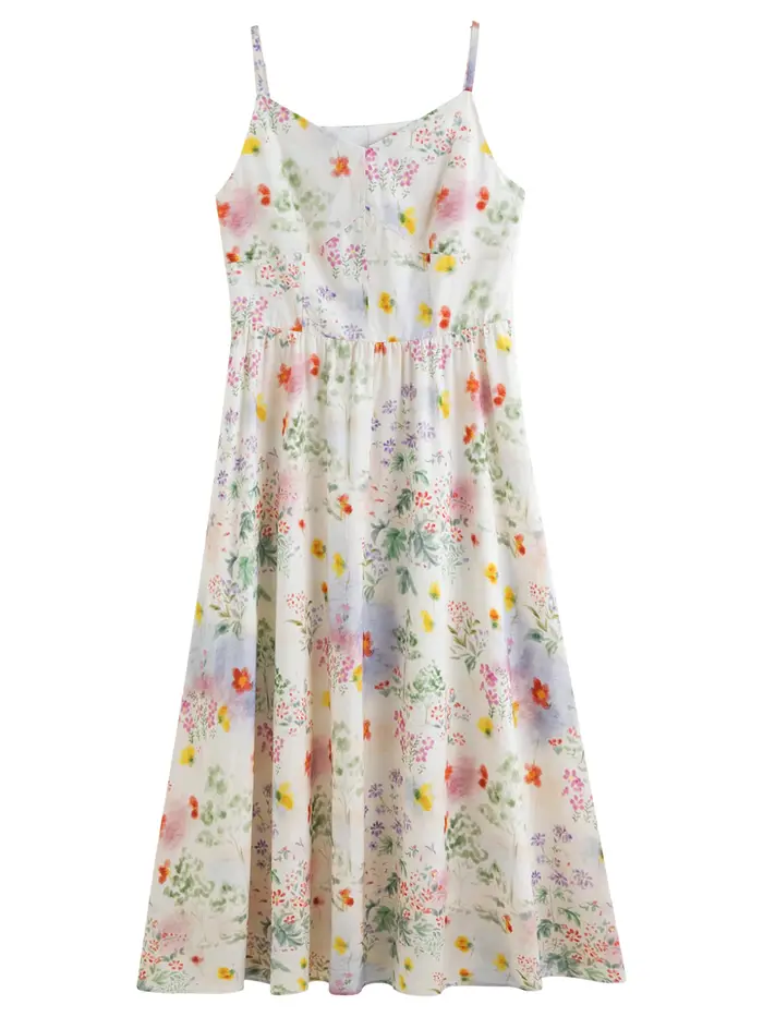 DUSHU 2025 Robe d'été à bretelles florales pour femme - Silhouette amincissante de style resort Midi léger et fluide