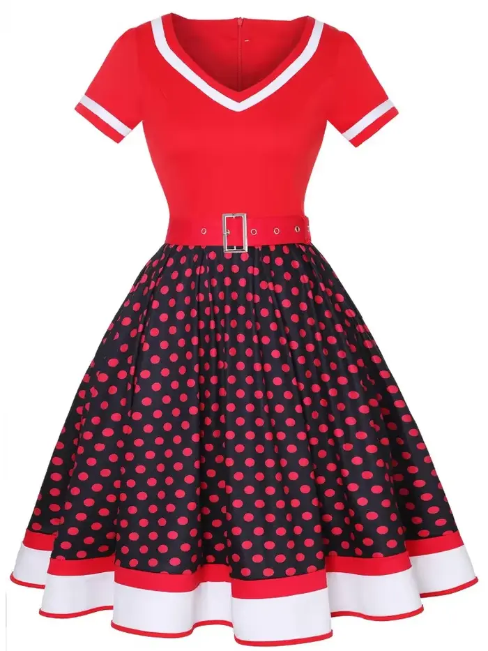 Robe Vintage des Années 50 et 60 en Coton Polyester Élégante avec Imprimé à Pois et Ceinture pour Femmes Occasions Spéciales