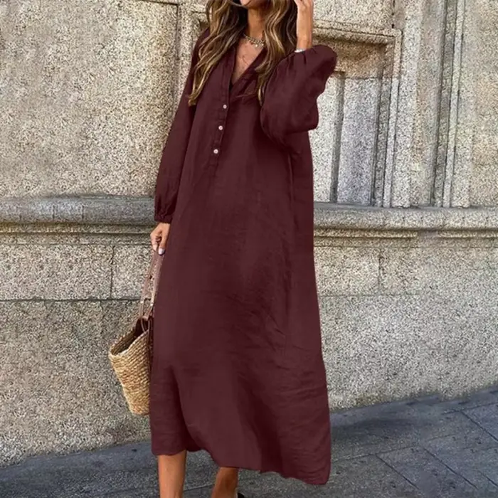 Mn-Robe à boutons en coton et lin pour femme