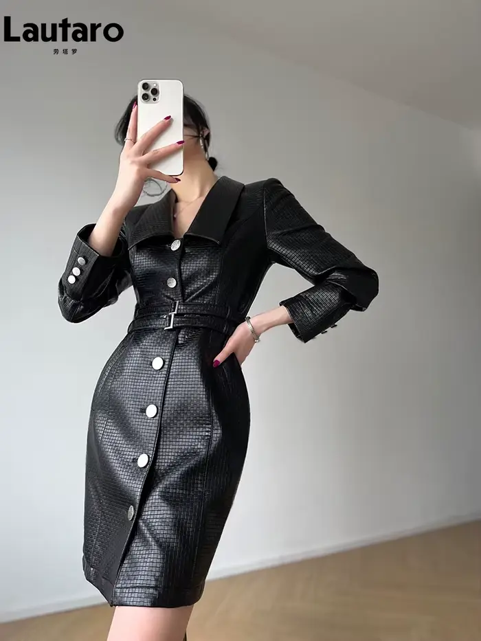 Lautaro-Robe cintrée en cuir PU vichy noir pour femme