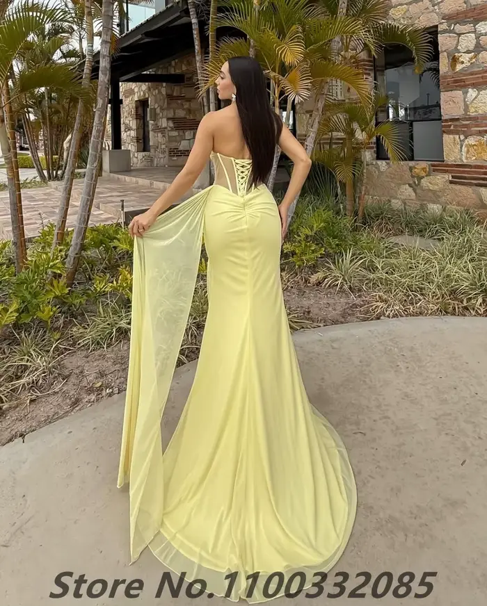 Robe de soirée sirène en mousseline de soie jaune