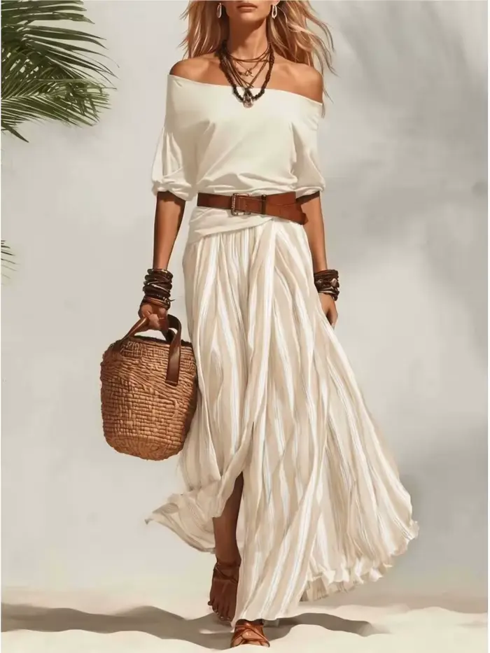 Ensemble deux pièces élégant pour femme haut sexy à épaules dénudées et jupe longue rayée fendue pour les vacances et soirées chic