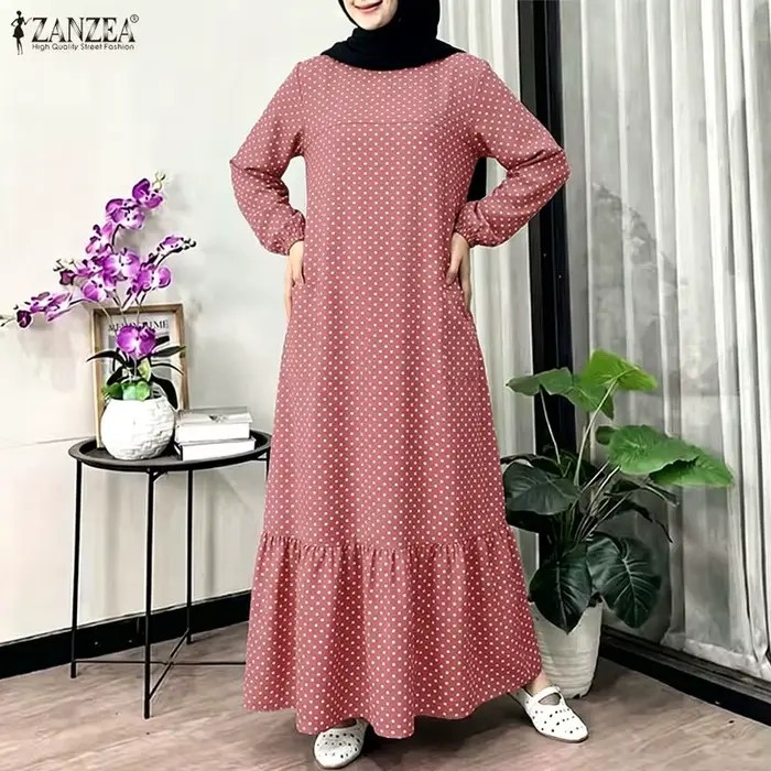 ZANZEA Robe Abaya décontractée à pois imprimés pour femme