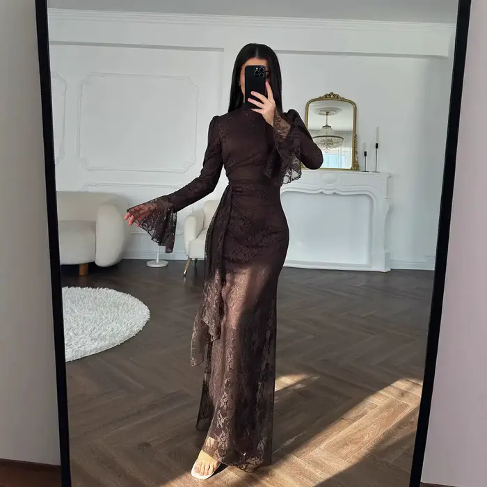 Robe de soirée ajustée en dentelle pour femme, ligne H, longueur cheville, manches cloche, taille cintrée, coupe slim, sexy et élégante, été 2026