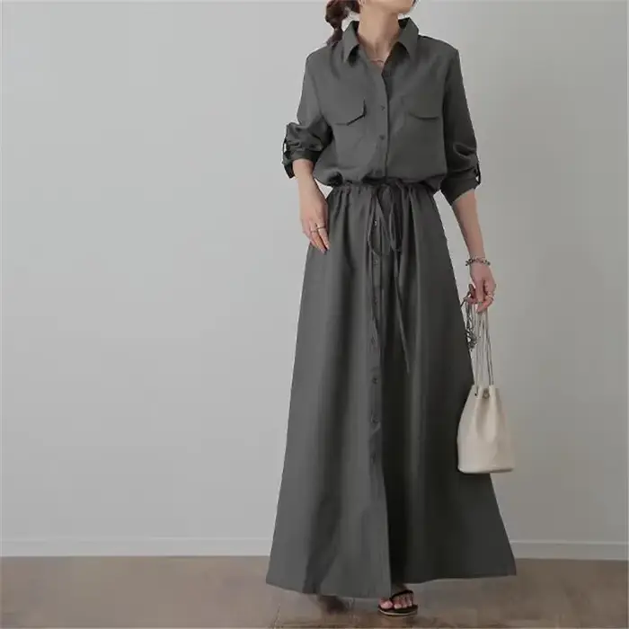 Robe femmes robes simple boutonnage bouton robes à manches longues taille haute Maxi ample décontrac