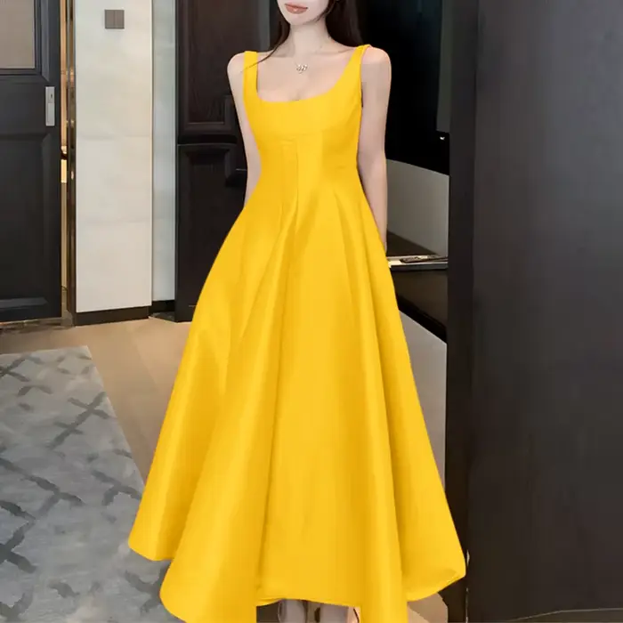 Femmes mode 6 couleurs Satin Cocktail longue robe ZANZEA élégant col carré sans manches a-ligne robe